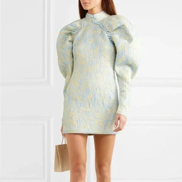 💕ROTATE💕 Button-Detailed Ruched Crinkled-Jacquard Mini Dress Angel Fall 8 NWOT - Picture 5 of 16